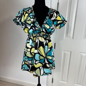 Vtg Wrapper Abstract Floral V-Neck Smocked Empire Waist Babydoll Top Women Large